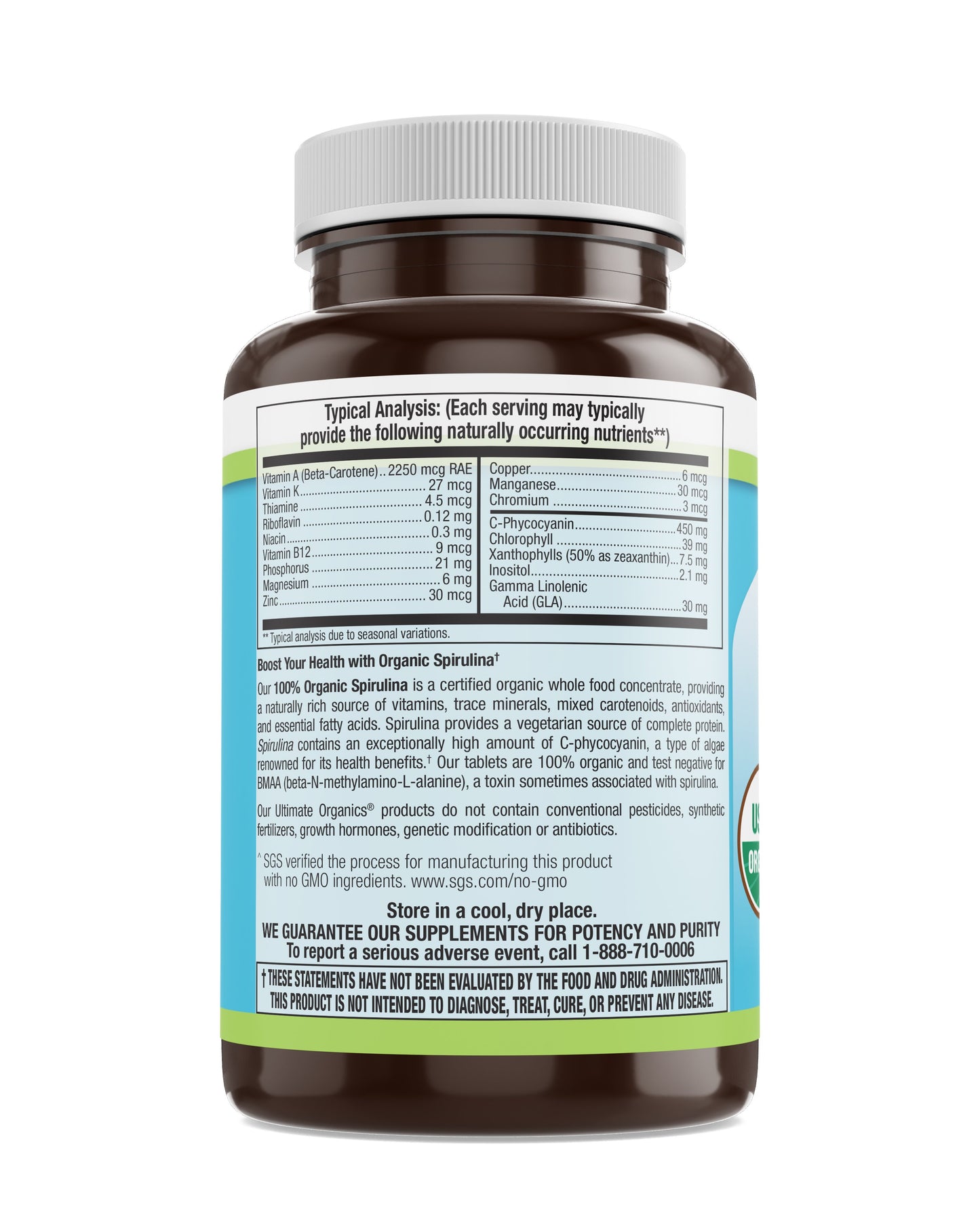 100% Organic Spirulina 500 mg Veg Tabs 250 Count