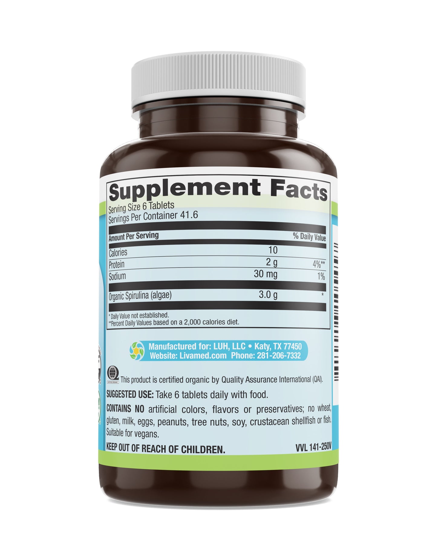 100% Organic Spirulina 500 mg Veg Tabs 250 Count