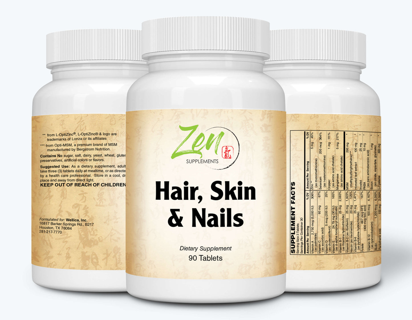 Hair, Skin & Nails Formula contains Biotin, Zinc, MSM, Antioxidant Vitamins C and E, Selenium, Silicon all support for Healthy Hair, Clear Skin and Strong Nails 90-Tabs