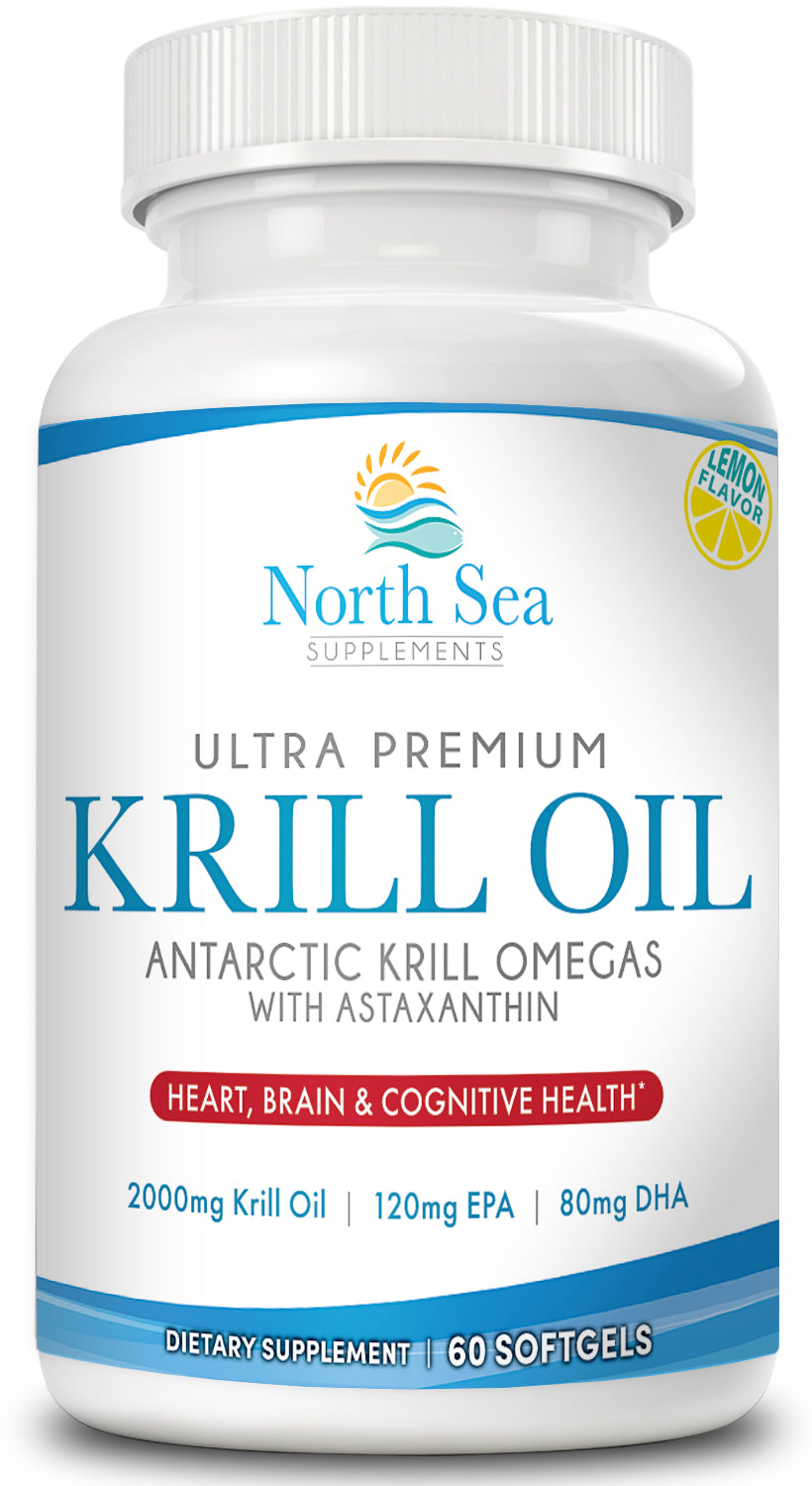 North Sea Supplements Ultra Premium Antarctic Krill Oil - 60 Softgel - Omega-3 with EPA & DHA plus 800mg Astaxanthin - Support for Joint and Brain Health - No Fishy After Taste & Easy to Swallow