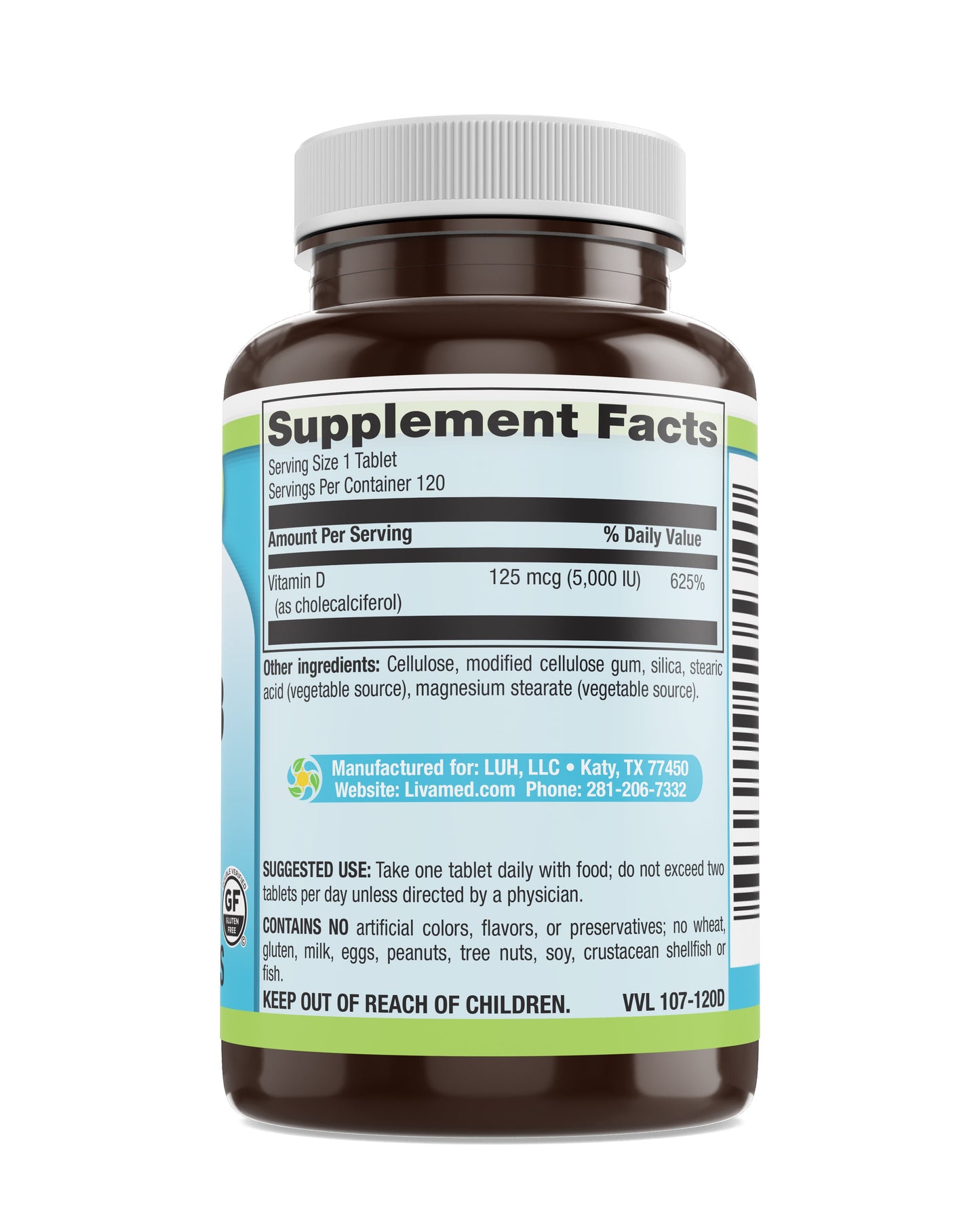 Vitamin D3 5,000 IU Veg Tabs 120 Count