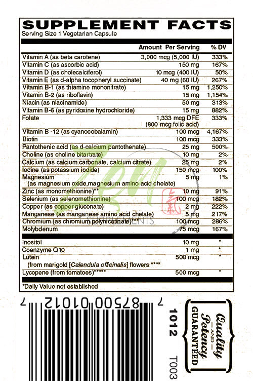 One Daily Multi-Vitamin Caps (Iron Free) 60-Vegcaps - Hi-potency multivitamin with Lutein, Lycopene and CoQ10 that Support Macular and Visual Function.