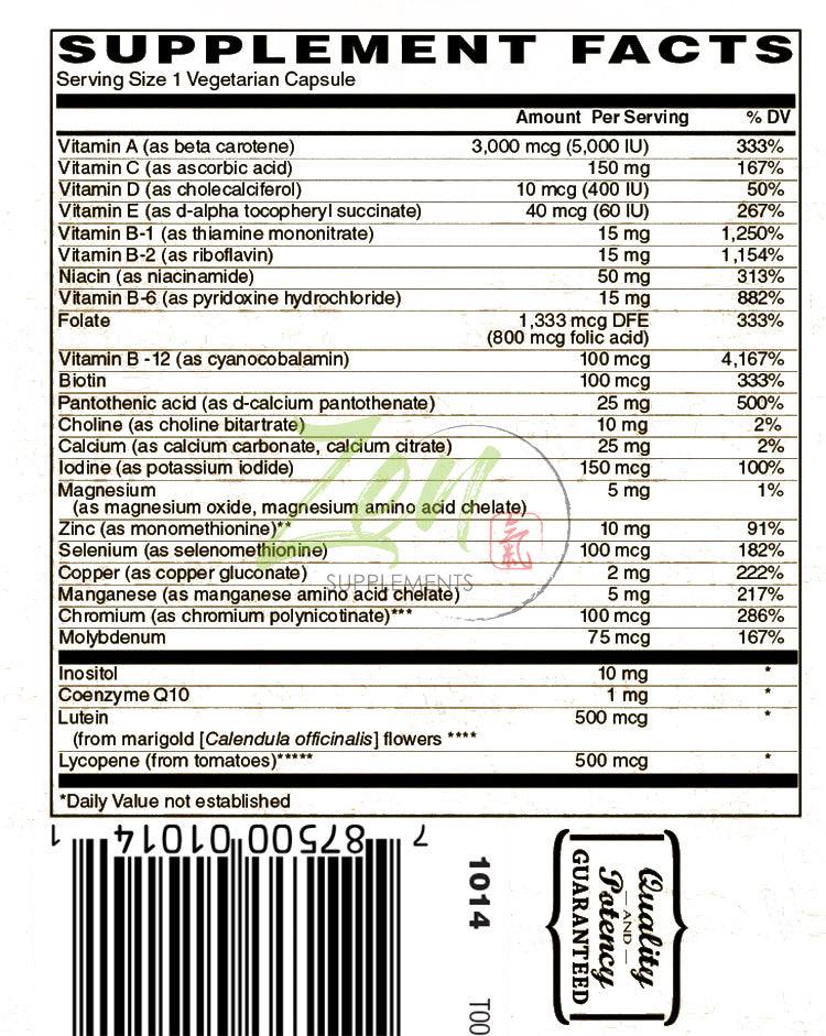 One Daily Multi-Vitamin Caps with Lutein, Lycopene and CoQ10 (Iron Free) 120-Vegcaps - Hi-potency multivitamin with Lutein, Lycopene and CoQ10 that Support Macular and Visual Function.