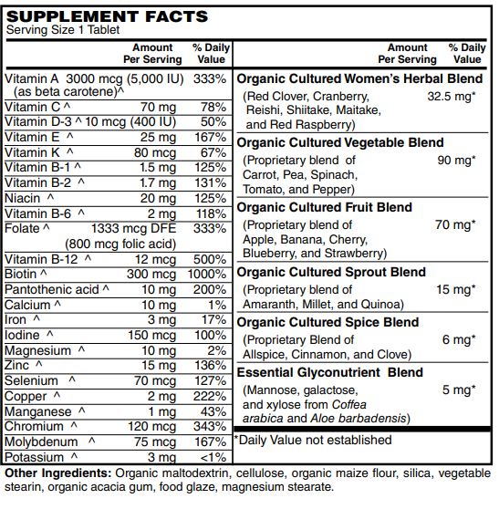 Women’s One Daily Organic Whole Food Multi-Vitamin 60-Tabs - Women's Multivitamin made from Organic Whole Foods - Natural Energy Support & Wellness