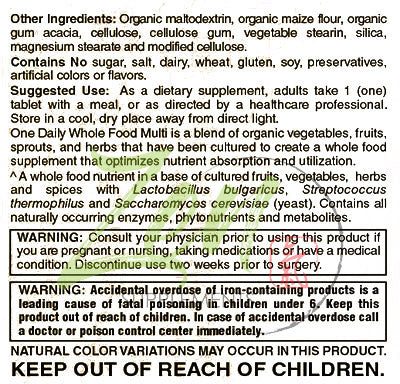 One Daily Whole Food Multi-Vitamin 60-Tabs - Vitamins and Nutrients From Organic Whole Food with Real Raw Veggies, Fruits, Probiotics, Digestive Enzymes.