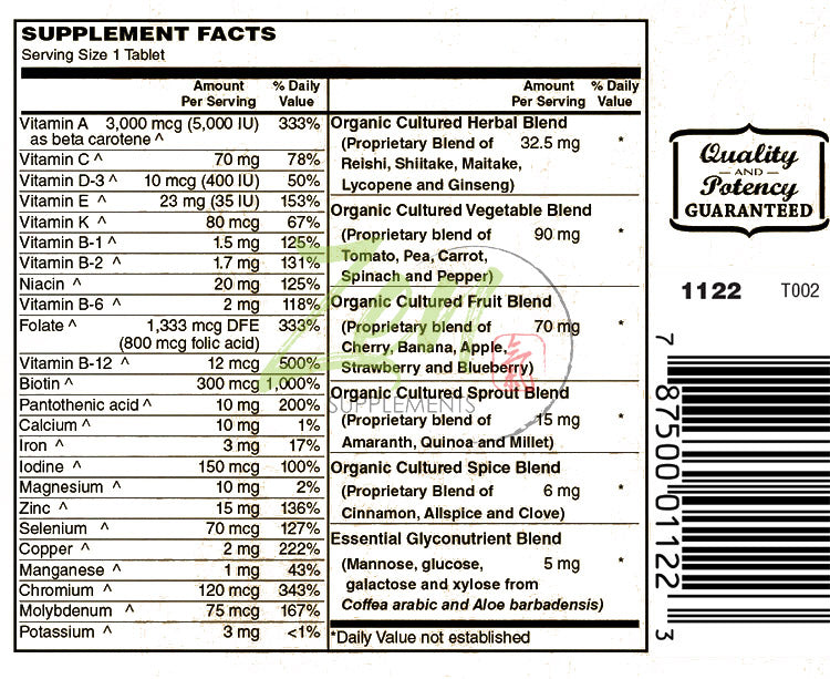 One Daily Whole Food Multi-Vitamin 90-Tabs - Vitamins and Nutrients From Organic Whole Food with Real Raw Veggies, Fruits, Probiotics, Digestive Enzymes.