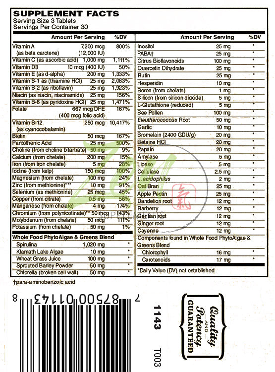 Life Essentials Multi-Vitamin from whole foods - Real Raw Veggies, Fruits, Superfoods, Probiotics, Digestive Enzymes, & Herbs 90-Tabs