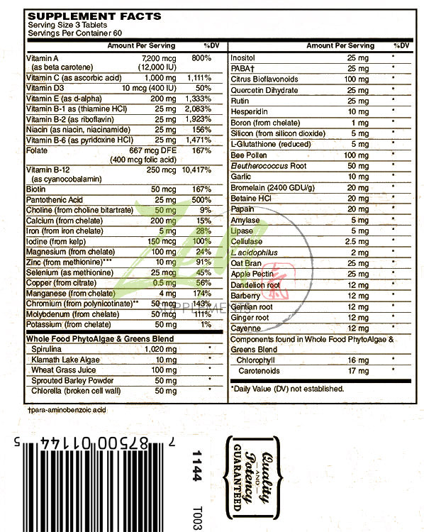 Life Essentials Multi-Vitamin from whole foods - Real Raw Veggies, Fruits, Superfoods, Probiotics, Digestive Enzymes, & Herbs 180-Tabs