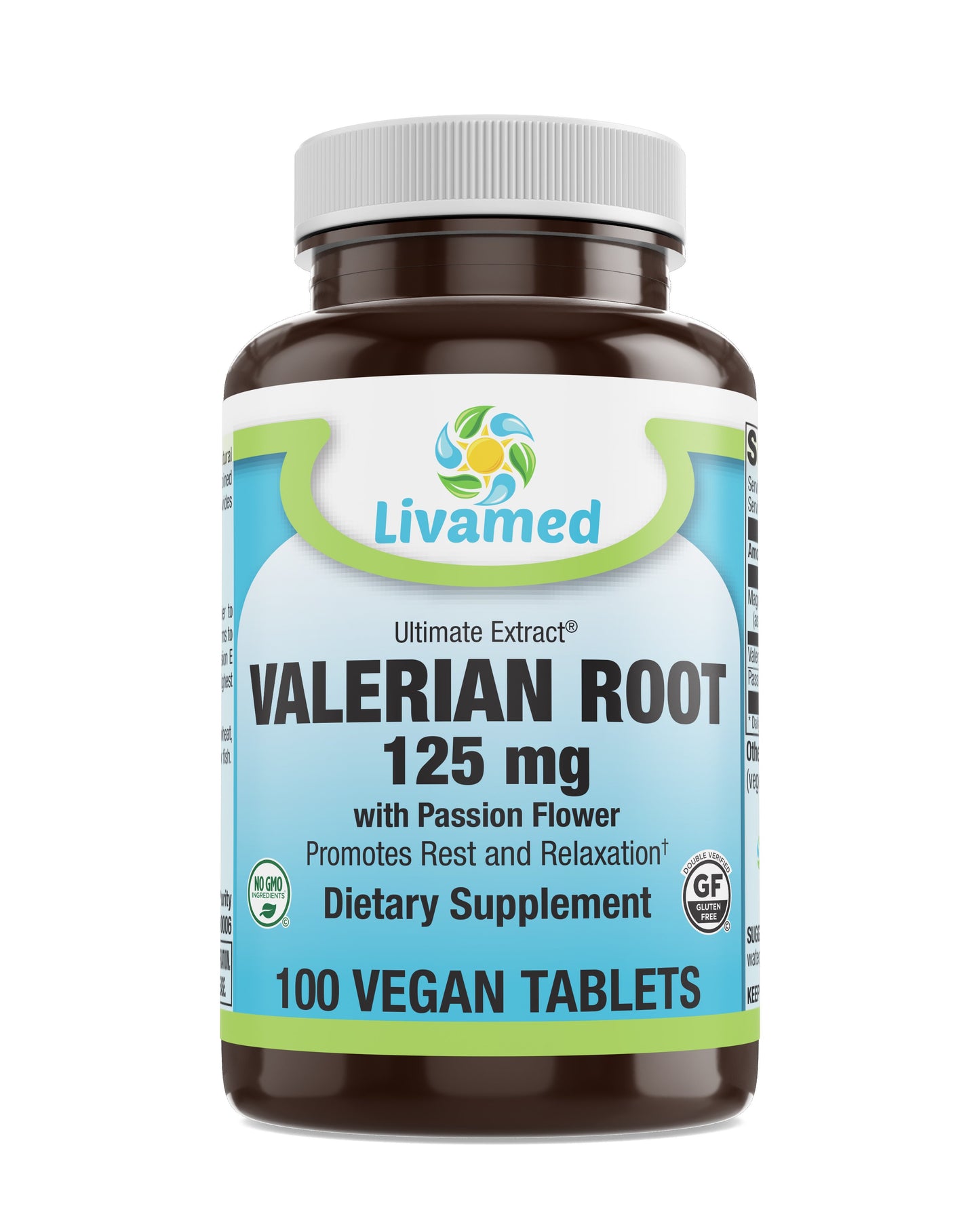 Valerian Root 125 mg with Passion Flower Veg Tabs 100 Count