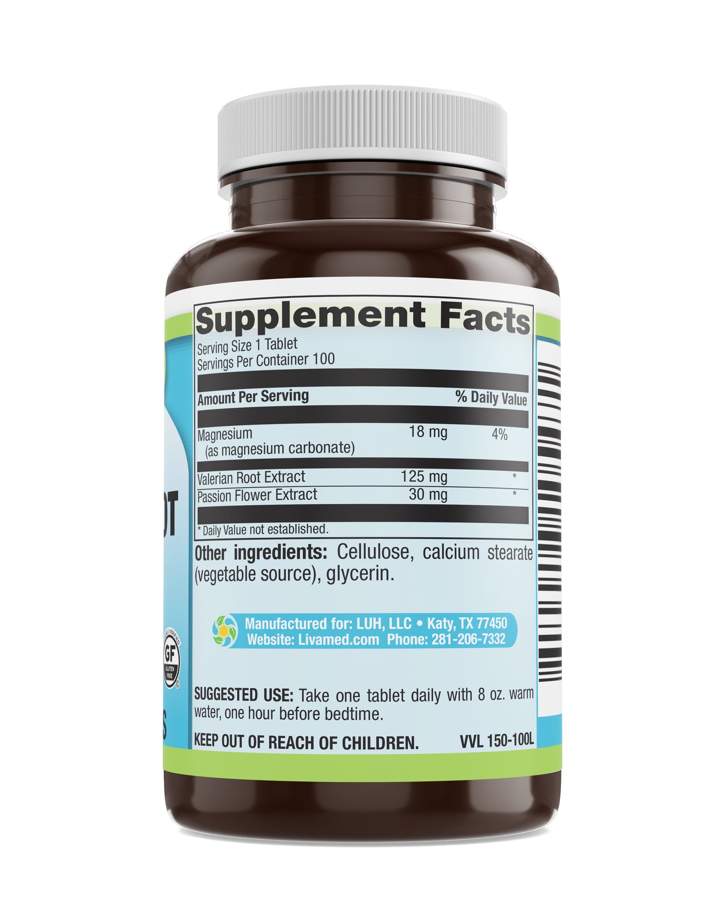 Valerian Root 125 mg with Passion Flower Veg Tabs 100 Count