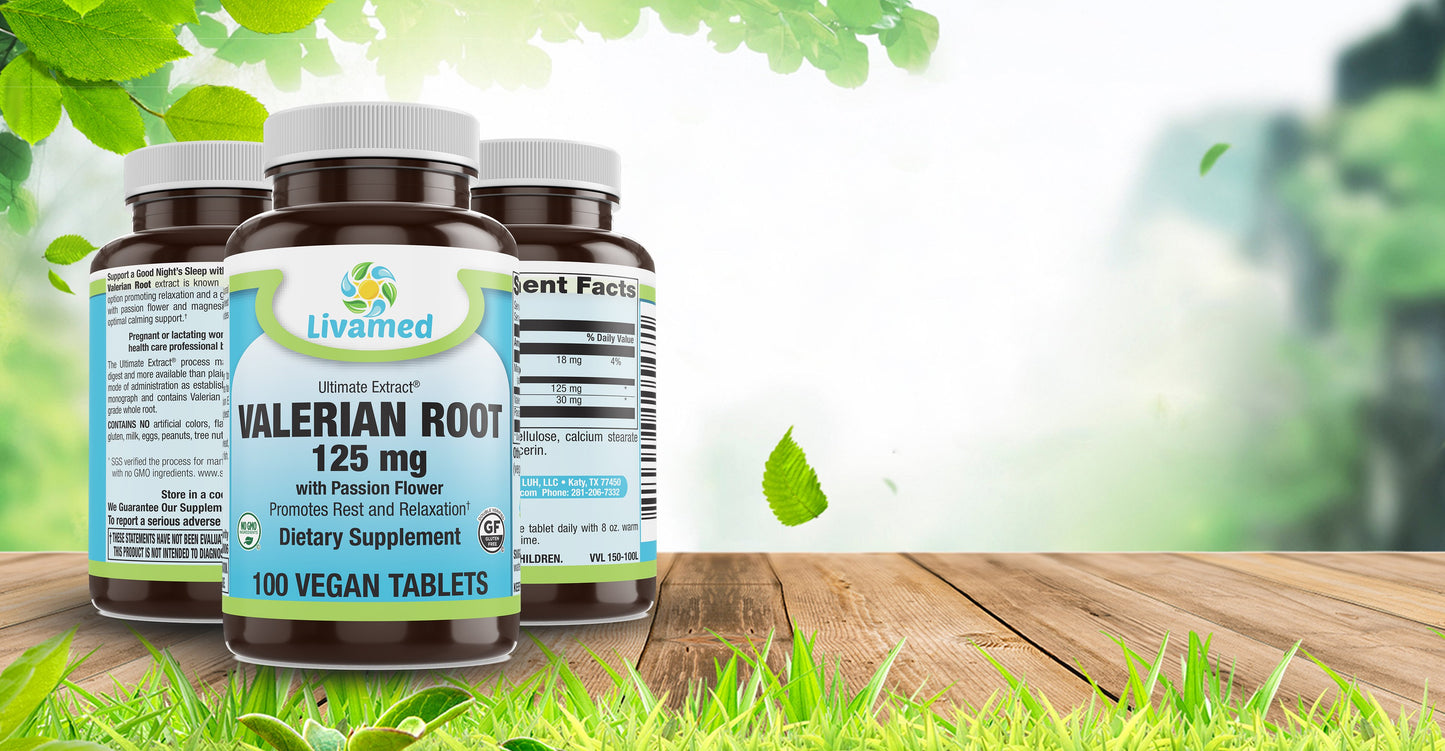 Valerian Root 125 mg with Passion Flower Veg Tabs 100 Count