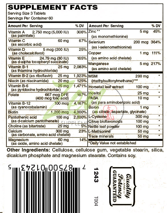 Hair, Skin & Nails Formula contains Biotin, Zinc, MSM, Antioxidant Vitamins C and E, Selenium, Silicon all support for Healthy Hair, Clear Skin and Strong Nails 180-Tabs