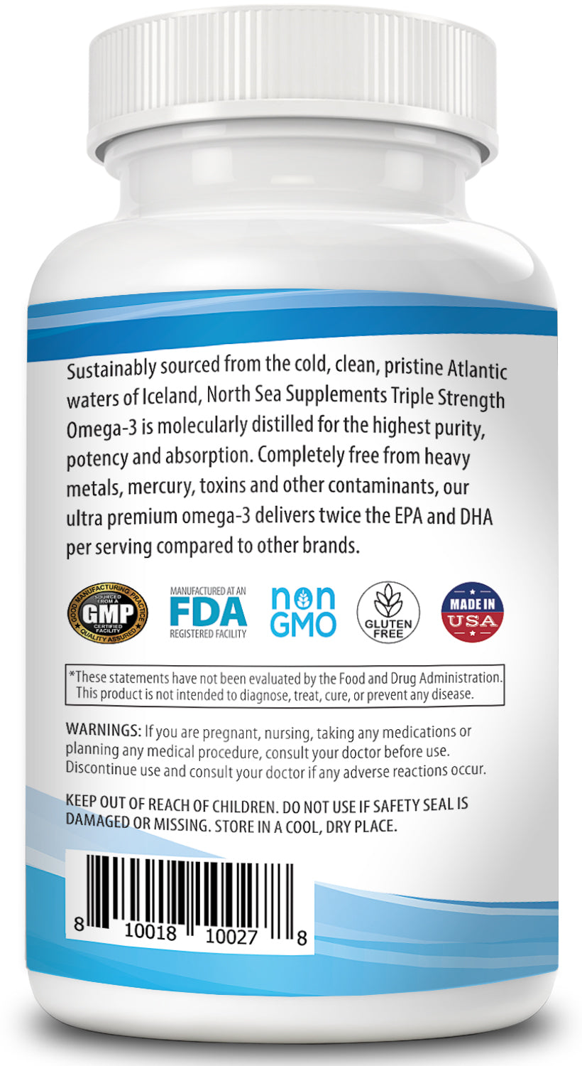 North Sea Supplements Ultra Premium Omega-3 Extra Strength Fish Oil 180 Softgel - The Ultimate Quality Ultra Premium Burpless Omega-3 - Supports Skin & Joint, Cardio & Heart Health, Joint Health, Brain Health & Positive Mood