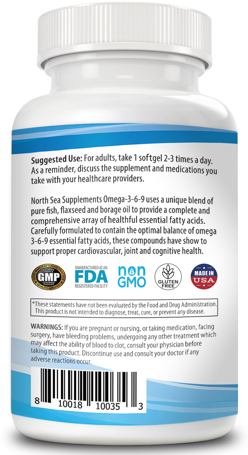 North Sea Supplements Triple Source Omega 3-6-9 120 Softgel - Support for Heart, Joint & Skin Health - Includes Flaxseed OIl & Borage Oil - Contains EPA & DHA - Omega 3 Fatty Acids