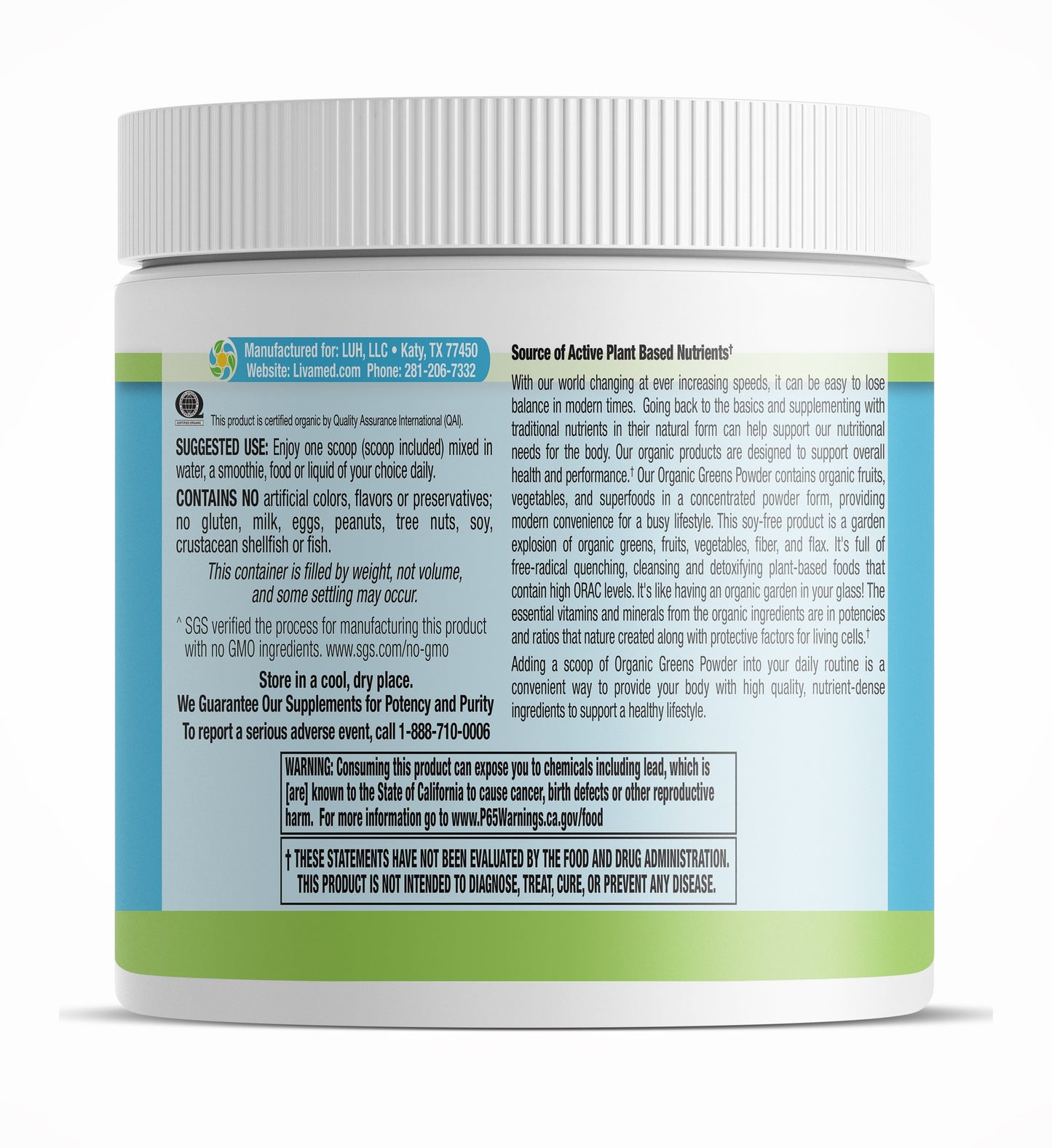 Organic Greens Powder Soy Free 5.8 oz Count
