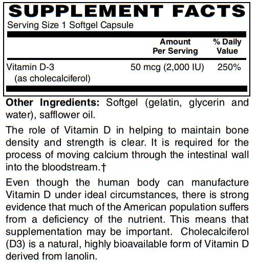 Vitamin D-3 2000 IU 100-Softgel - Supports Healthy Muscle Function, Bone Health & Immune Support
