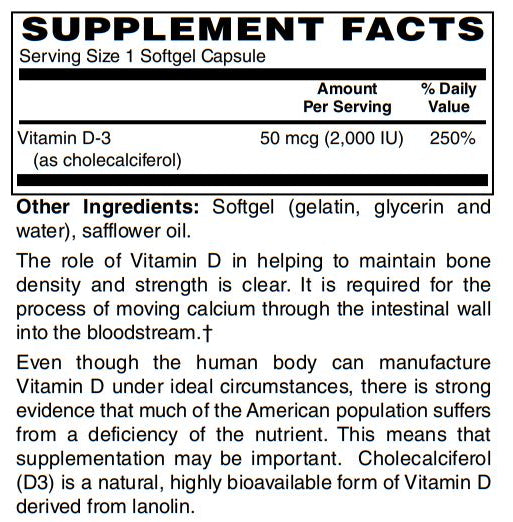 Vitamin D-3 2000 IU 250-Softgel - Supports Healthy Muscle Function, Bone Health & Immune Support