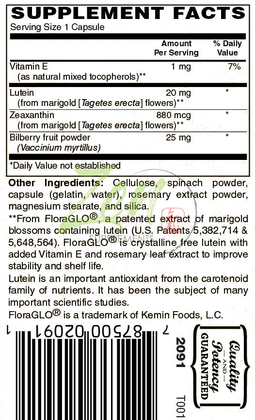 Lutein Plus 20 Mg W/ Bilberry CFlora-GLO® Bilberry and Zeaxanthin - Supports Eye Health & Visual Acuity 30-Caps
