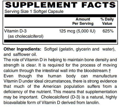 Vitamin D-3 5000 IU 250-Softgel - Supports Healthy Muscle Function, Bone Health & Immune Support