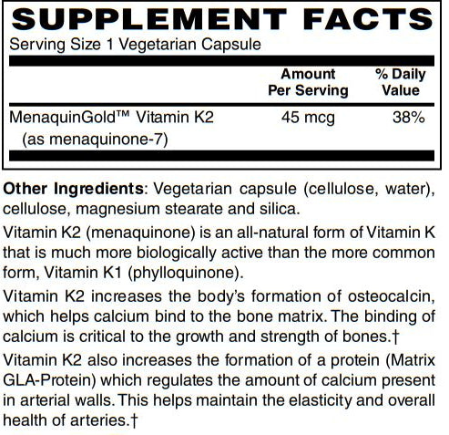Vitamin K2 45Mg MenaquinGold® Natural Vitamin MK-7 - Provides Cardiovascular Support & Bone Health Support 60-Vegcaps