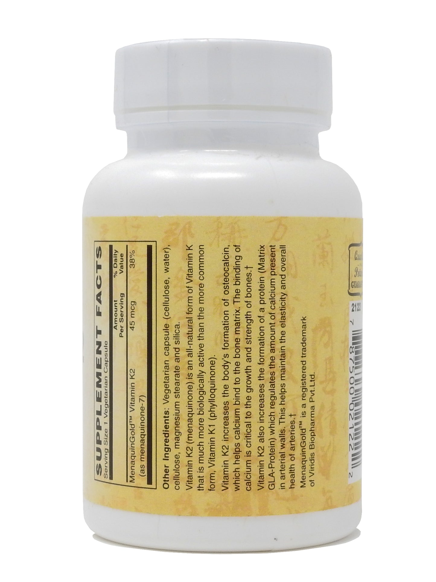 Vitamin K2 45Mg MenaquinGold® Natural Vitamin MK-7 - Provides Cardiovascular Support & Bone Health Support 60-Vegcaps