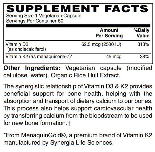 Vitamin D-3 + K-2 (MK-7) 60-Caps - Supports Bone Health & Density - Support for Healthy Cardiovascular System, Heart & Arteries