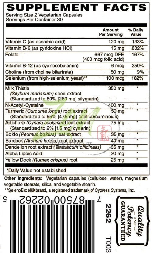 Liver Support & Detox Promotes Optimum Health including Milk Thistle, Artichoke, Burdock Root, Yellow Dock, Selenium, Turmeric, Vitamin C, B-6, B-12, Choline, N-Acetyl-Cysteine 60-Vegcaps