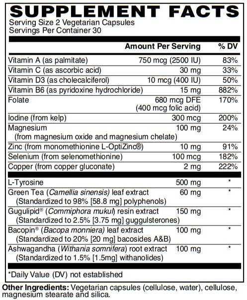 Thyroid Support - Promotes Metabolism from Green Tea, Energy & Focus from Ashwagundha, Bacopa & L-Tyrosine to Boost Concentration, Memory, Mood & Clear Brain Fog and GuguLipid for Cholesterol 60-Vegcaps