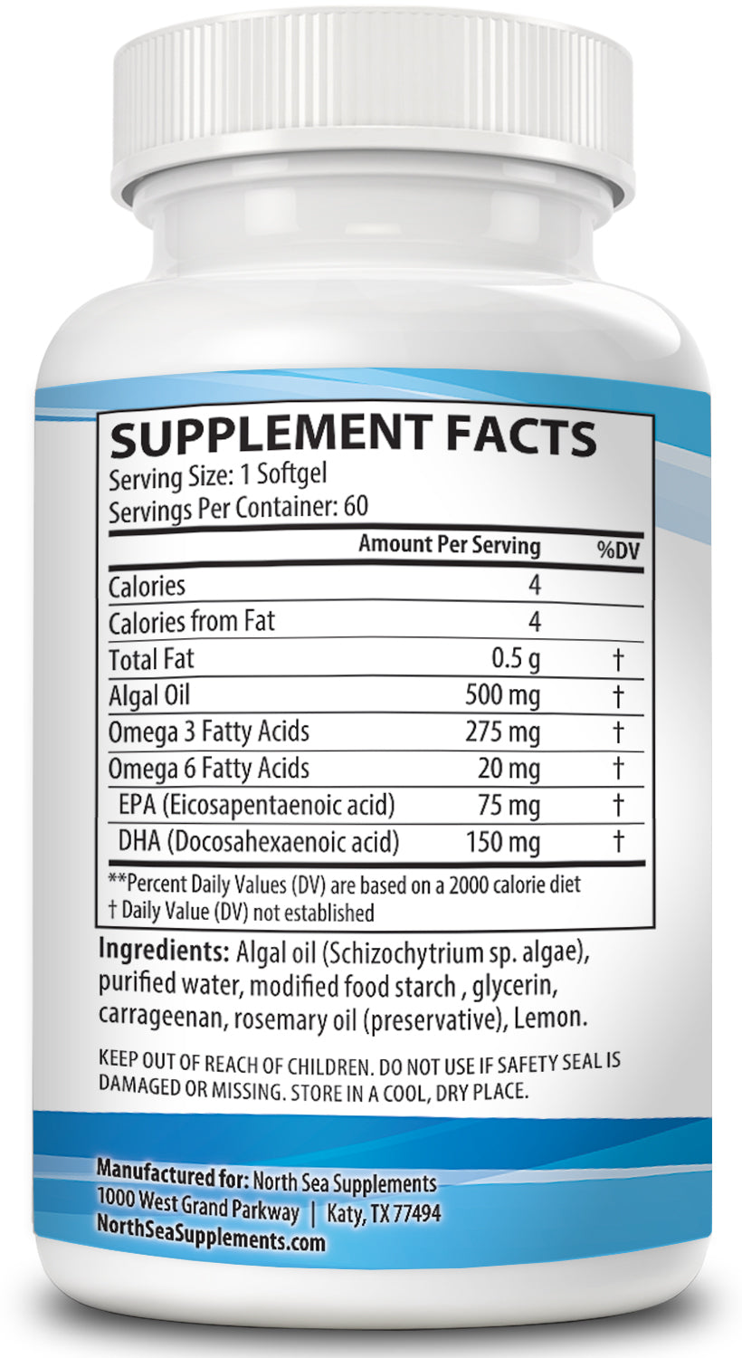 North Sea Supplements Vegan Algae Omega-3 60 Softgels - Plant Based Alternative to Fish Oil - Supports Heart, Brain, Joint Health - Sustainably Sourced Omega-3 from Algae - DHA & EPA Fatty Acids