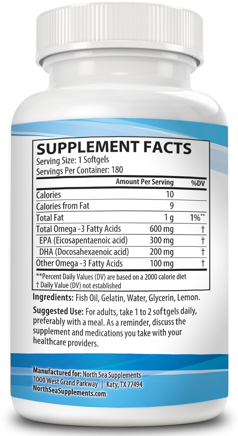 North Sea Supplements Ultra Premium Omega-3 Extra Strength Fish Oil 180 Softgel - The Ultimate Quality Ultra Premium Burpless Omega-3 - Supports Skin & Joint, Cardio & Heart Health, Joint Health, Brain Health & Positive Mood