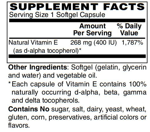 Vitamin E-400 Mixed Tocopherols - Supports overall Wellness & Immune Function, Promotes Beautiful Hair & Skin 100-Softgel