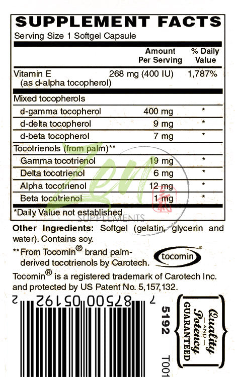 Perfect E with Tocotrienols from Tocomin®contains 400 IU alpha-tocopherol & gamma-tocopherol 30-Softgel