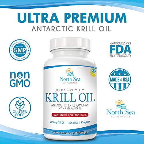 North Sea Supplements Ultra Premium Antarctic Krill Oil - 60 Softgel - Omega-3 with EPA & DHA plus 800mg Astaxanthin - Support for Joint and Brain Health - No Fishy After Taste & Easy to Swallow