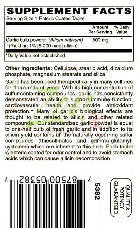 Garlic 500Mg Extract w/ 5,000 mcg Allicin - Enteric Coated 120-Tabs - Immune System & Healthy Heart Support Formula - Enteric Coated Tablets for Easy Swallowing & Digestion