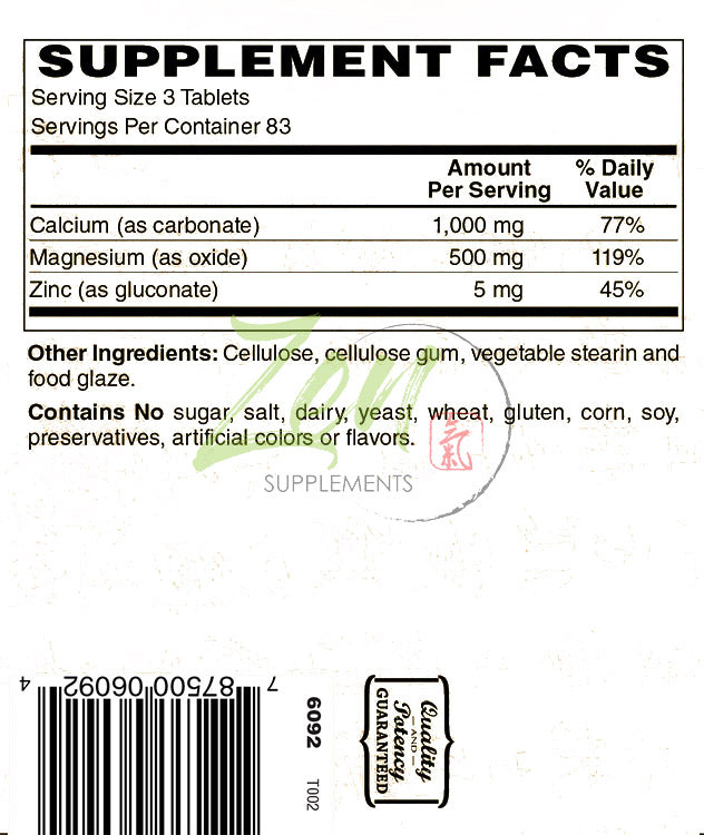 Calcium Magnesium & Zinc, Supports Bone Health & Immune System 250-Tabs