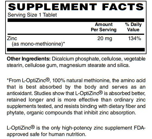 Zinc 20 Mg with L-OptiZinc® High Bioavailable Form of Zinc for Immune Support 100-Tabs