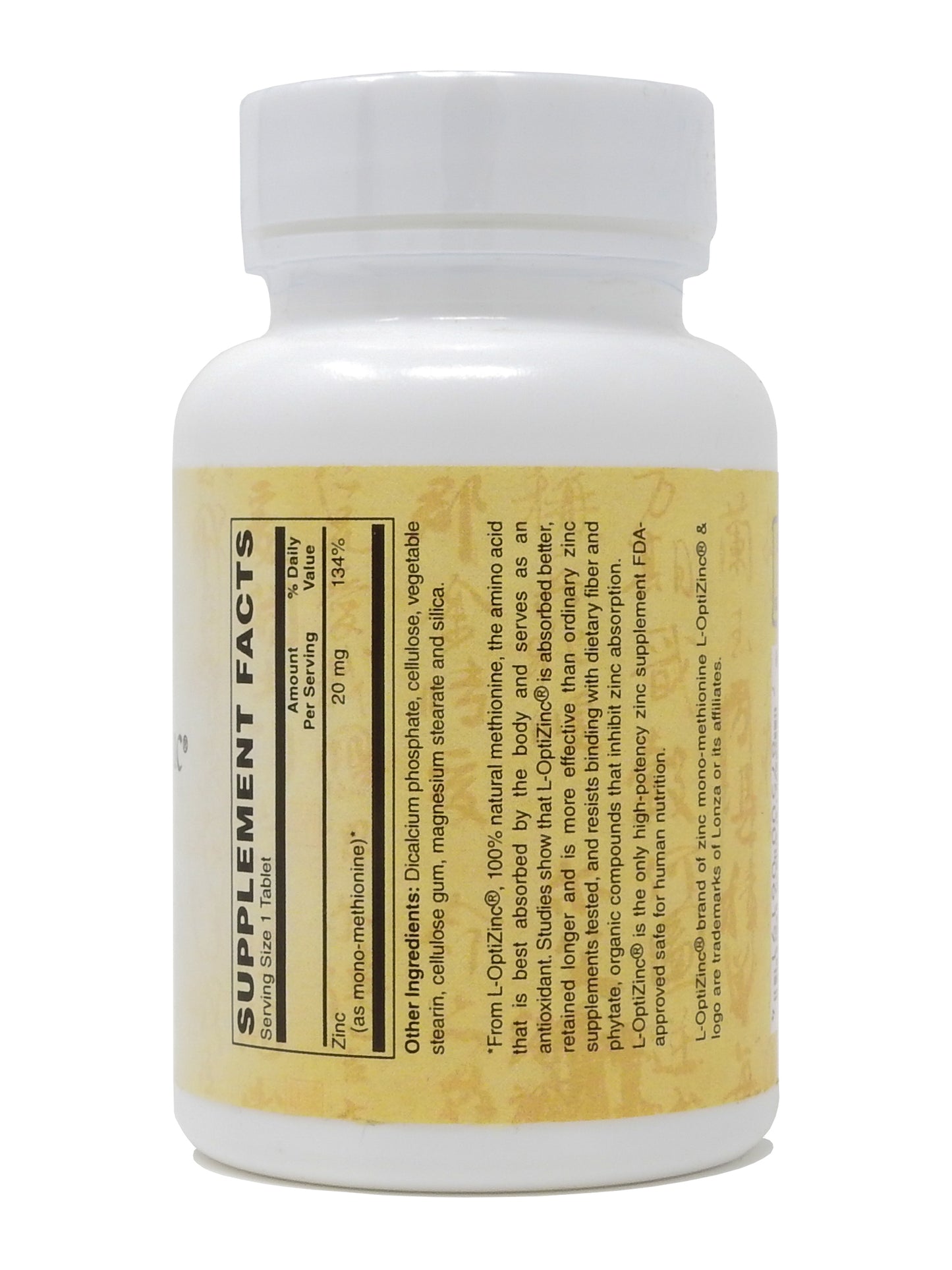Zinc 20 Mg with L-OptiZinc® High Bioavailable Form of Zinc for Immune Support 100-Tabs