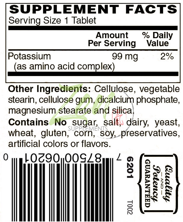 Potassium 99 mg (Amino Acid) 100-Tabs - Fluid & Electrolyte Balance Formula - Heart, Nerve & Muscle Function Support