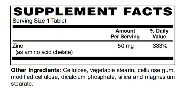 Zinc (Amino Acid Chelated) 50 Mg Immune & Cellular Health Support Supplement 250-Tabs