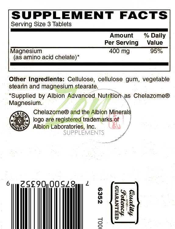 Magnesium Albion Chelates 400mg - Promotes Increased Energy for Muscle Functions, Supports Calmness & Relaxation, Coronary Functions, & Bone Density, & Supports Digestion 90-Tabs