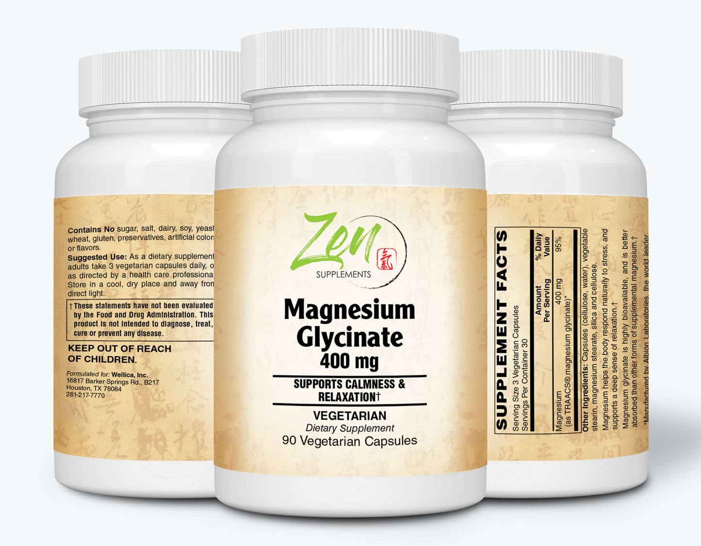 Magnesium Glycinate 400Mg - Promotes Calmness & Sleep Quality, Support for Muscle Cramps & Soreness, Heart & Blood Pressure Functions & Blood Sugar Balance 90-Vegcaps