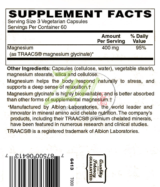 Magnesium Glycinate 400Mg - Promotes Calmness & Sleep Quality, Support for Muscle Cramps & Soreness, Heart & Blood Pressure Functions & Blood Sugar Balance 180-Vegcaps