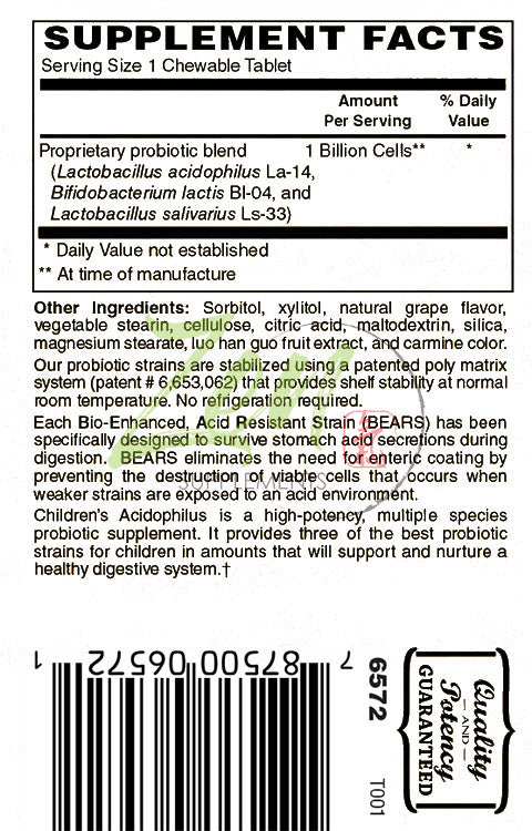 Children’s Probiotic Acidophilus plus Bifido 1 Billion CFU Grape Flavored Chewable 60-Tabs