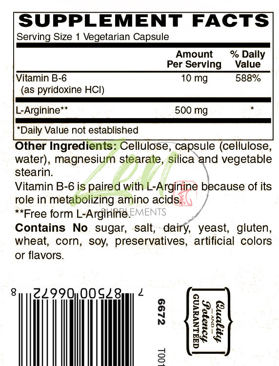 L-Arginine 500 Mg W/ B-6 for Energy Production, Heart Health, Muscle Growth Metabolism & NO Booster 100-Vegcaps