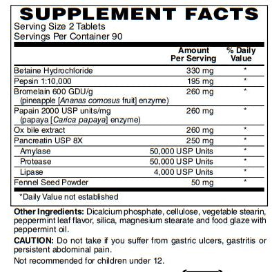 Superzymes Multi-Enzyme Formula containing Pepsin, Bromelain, Papain, Pancreatin, & Betaine HCL 180-Tabs