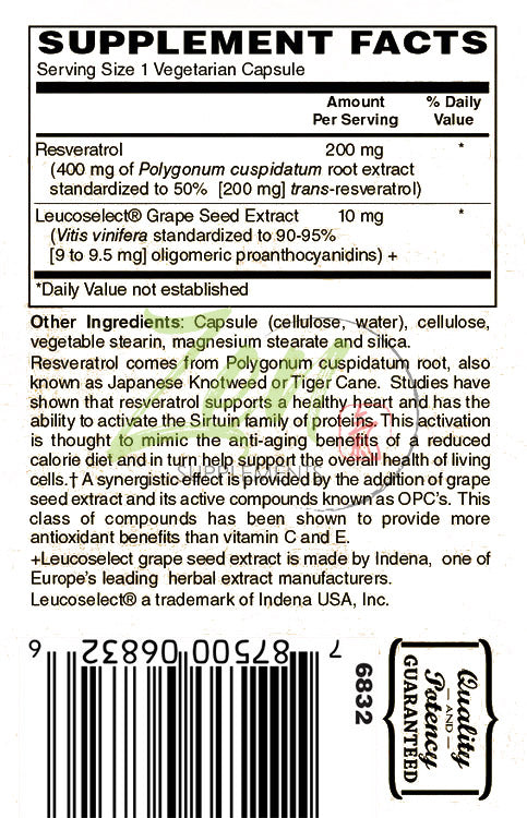 Resveratrol 200 Mg Plus Grape Seed Extract Anti Aging Antioxidant Supplement - Promotes Immune, Cardiovascular Health and Blood Sugar Support 60-Vegcaps