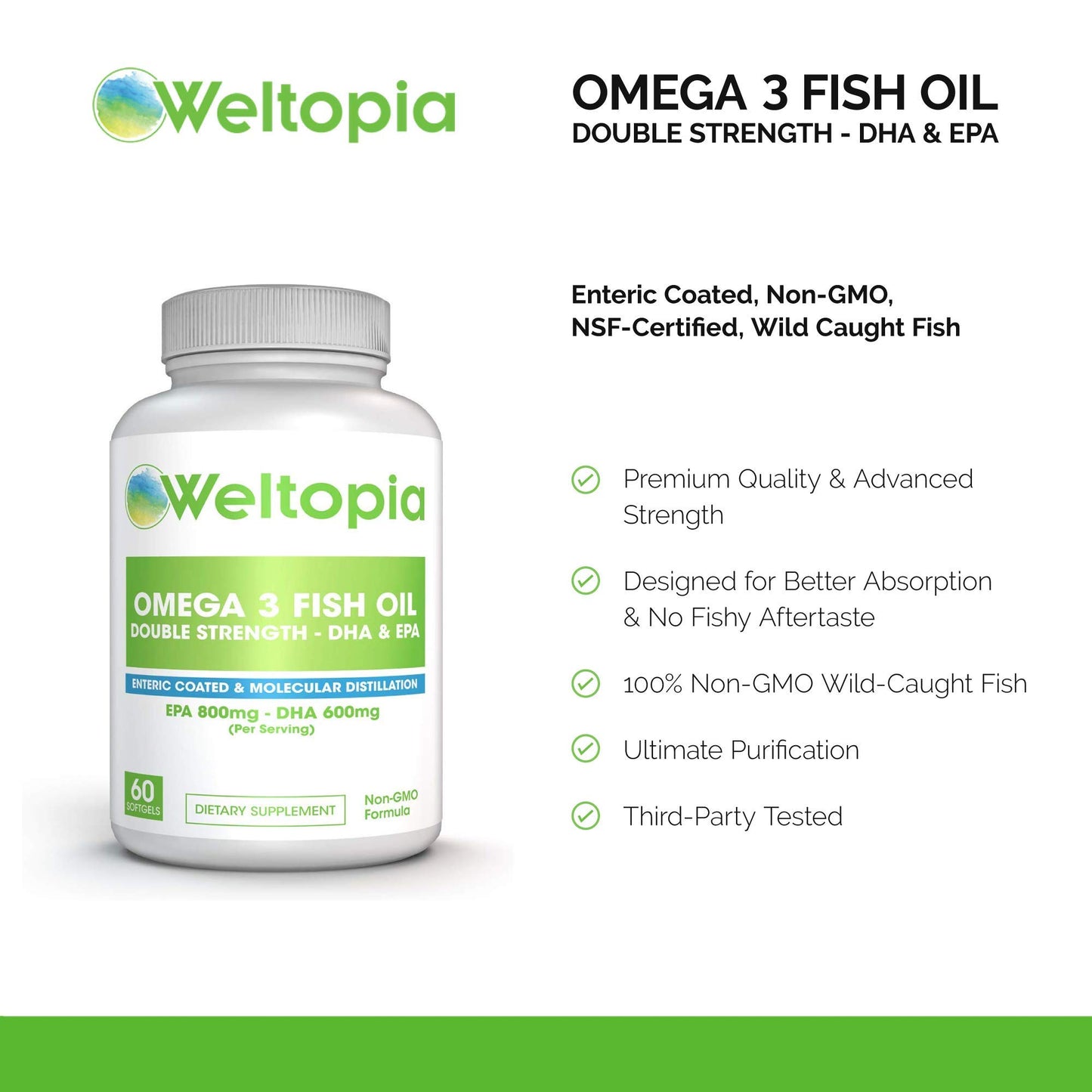 Omega 3 DHA EPA - Fish Oil -Advanced Strength, Burpless - Enteric Coated, Non-GMO, NSF-Certified, Wild Caught Fish