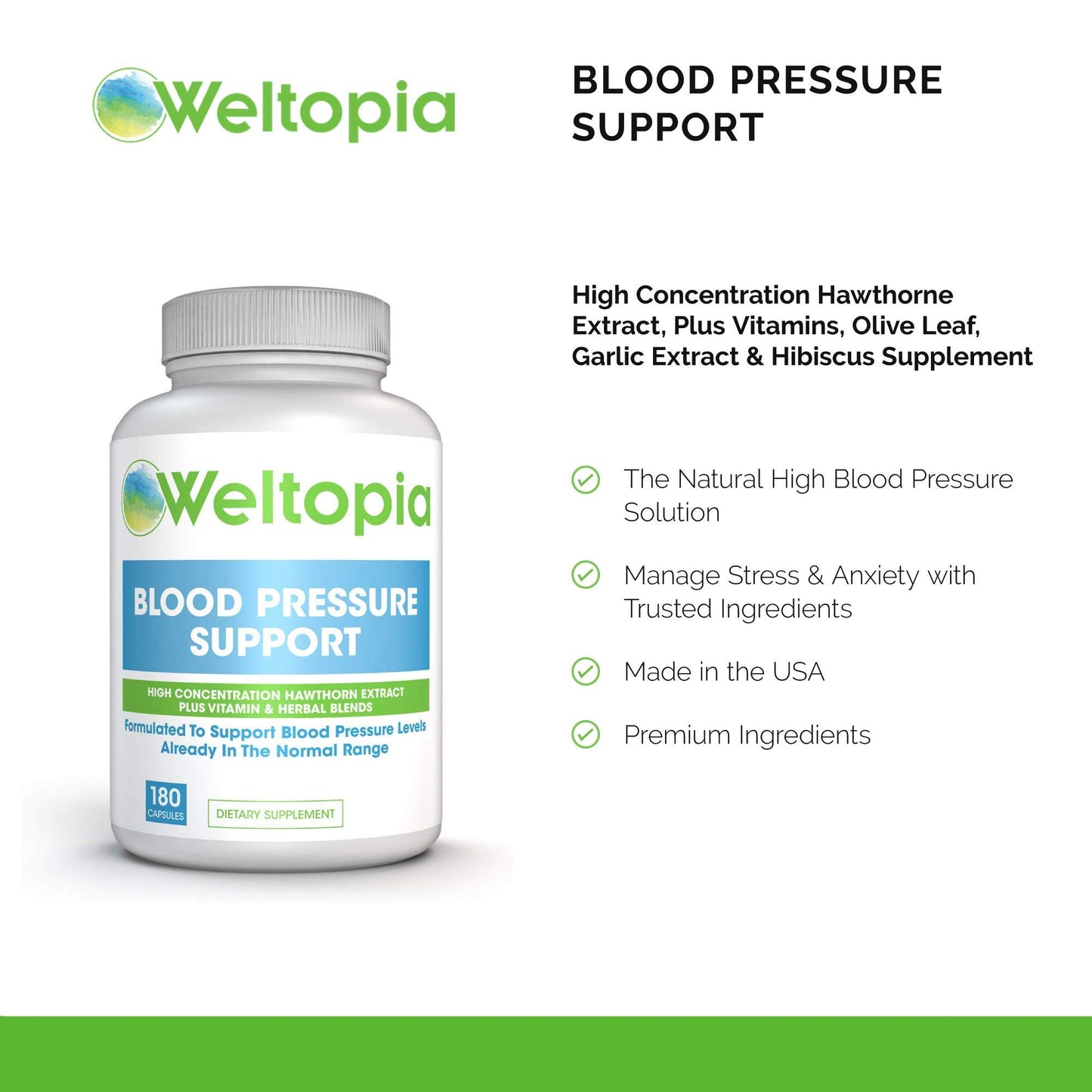 Advanced Blood Pressure Support - 180 Caps - High Concentration Hawthorne Extract, Plus Vitamins, Olive Leaf, Garlic Extract & Hibiscus Supplement