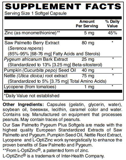Saw Palmetto & Pygeum Plus - Prostate Support Supplement w/L-OptiZinc® for Prostate & Urinary Tract Health including Frequent Urination, Beta-Sitosterol Supports DHT Blocker for Hair Loss Prevention 60-Softgel
