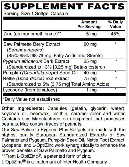 Saw Palmetto & Pygeum Plus - Prostate Support Supplement w/L-OptiZinc® for Prostate & Urinary Tract Health including Frequent Urination, Beta-Sitosterol Supports DHT Blocker for Hair Loss Prevention 120-Softgel